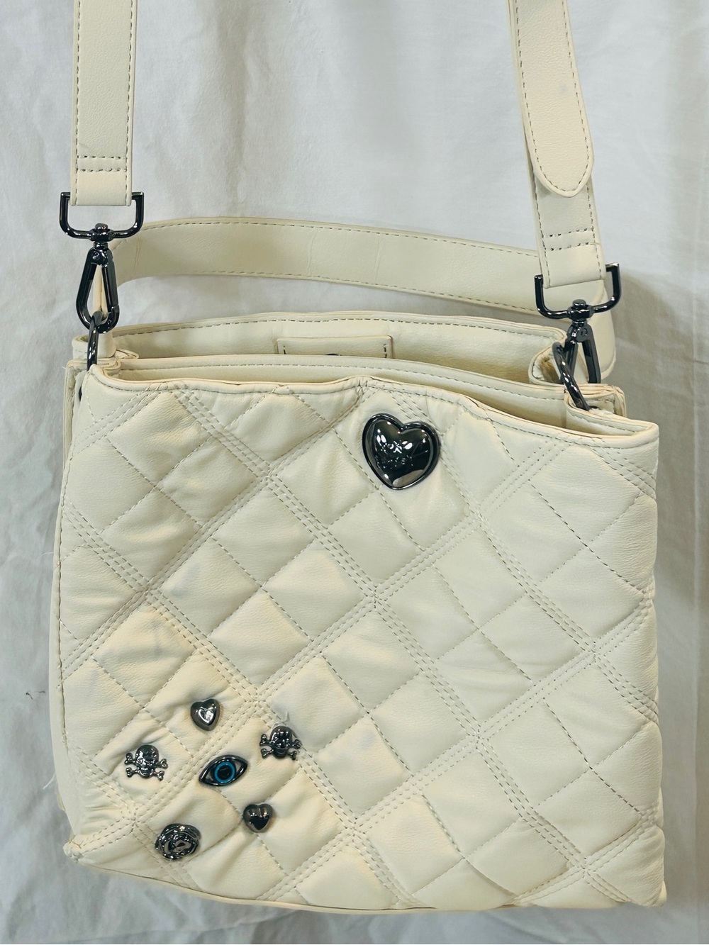 Betsey Johnson Leather Cream Quilted Heart Accent Crossbody